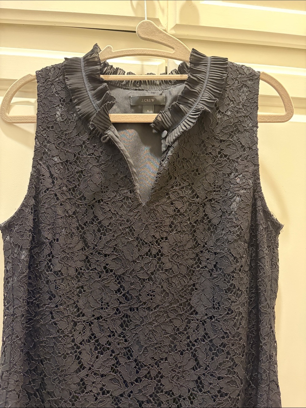 J. Crew Black Floral Lace Sleeveless Camisole with Pleated Ruffle Collar